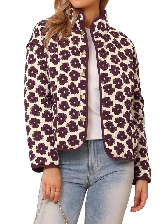 Casual Floral Jackets for Women's Button Long Sleeve Fall Trendy Coats M Beige