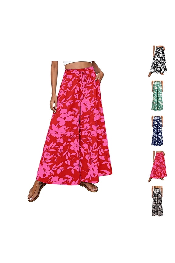 Casual Floral Wide Leg Pants High Waist Flowy Summer Long Trousers With Pockets