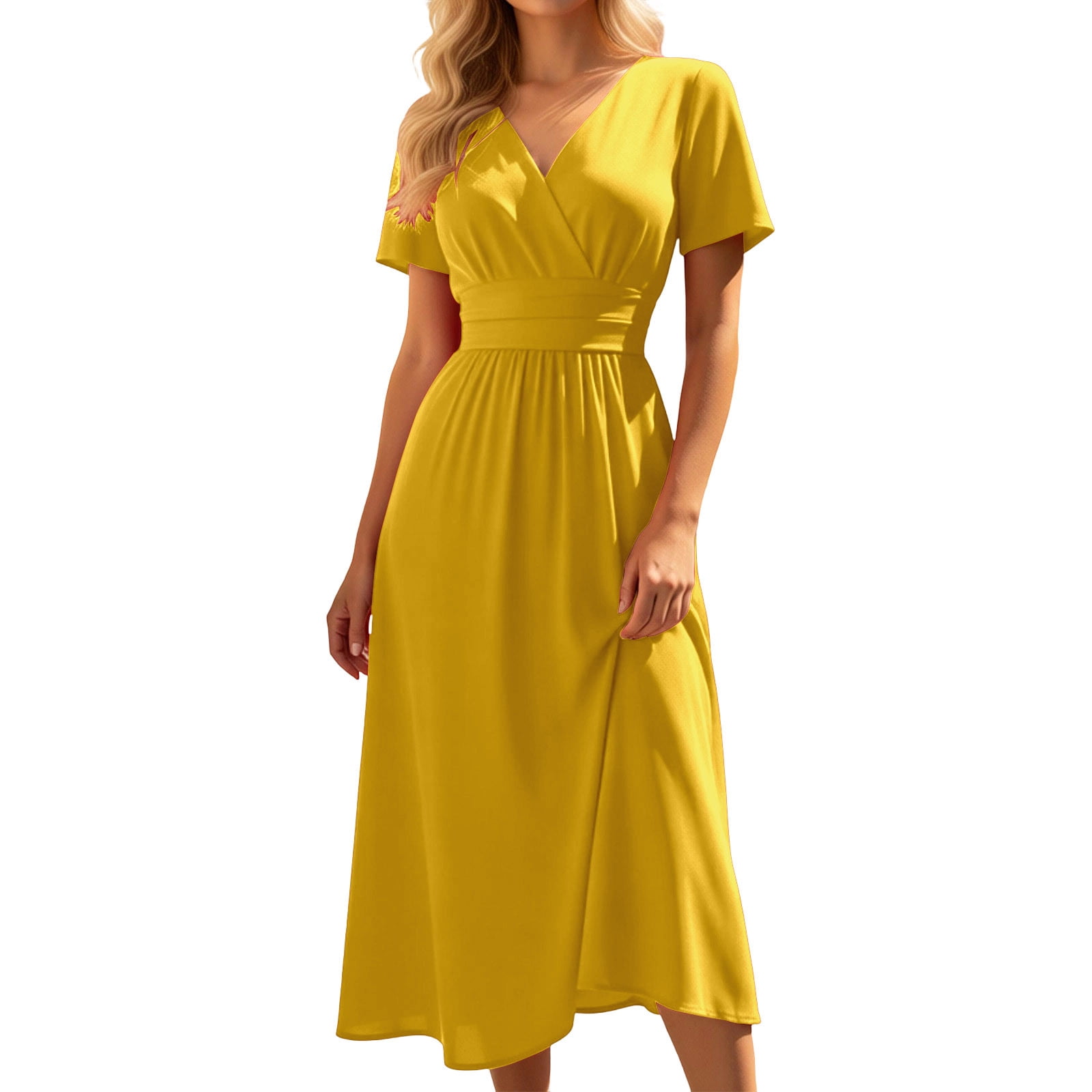 Casual Flowy Dress Women Short Sleeve V Neck Solid Color Midi Summer T ...