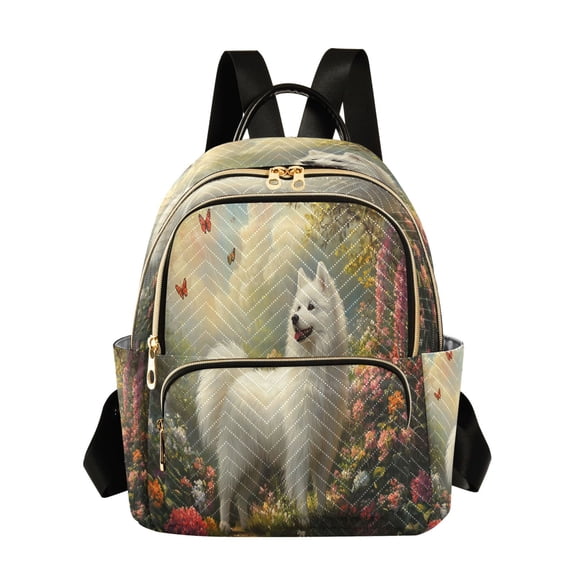Casual Fluffy Dog in Floral Garden Backpack for School,College and Travel, Water Resistant Bookbag,
