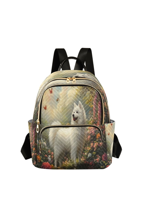 Casual Fluffy Dog in Floral Garden Backpack for School,College and Travel, Water Resistant Bookbag,
