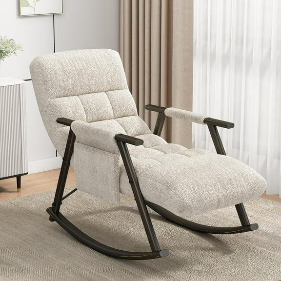 Casual Folding Rocking Chair upholstered, Lounge Rocking Chair Adjustable high Back and Foot Rest,Side Pockets Placed in Living Room Bedroom Balcony