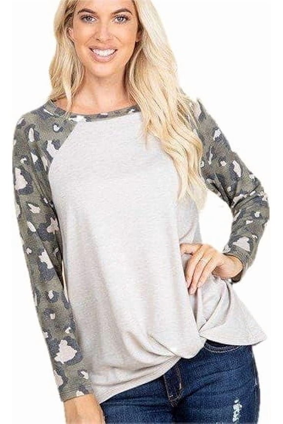 Casual French Terry Side Twist Top, Long Sleeve Blouse, M
