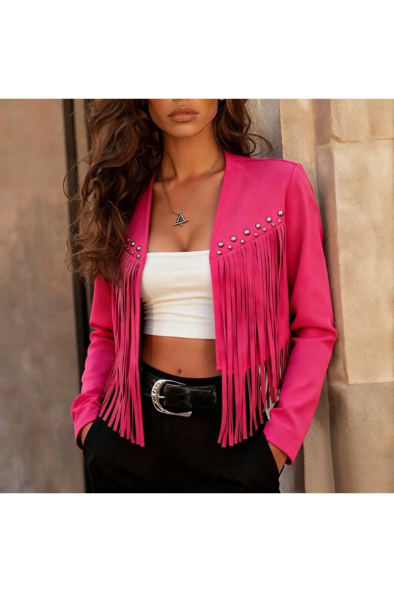Casual Fringe Cropped Jacket Open Front Cardigan Classic Outerwear for Fall and Summer Celebration! ,Hot Pink,S