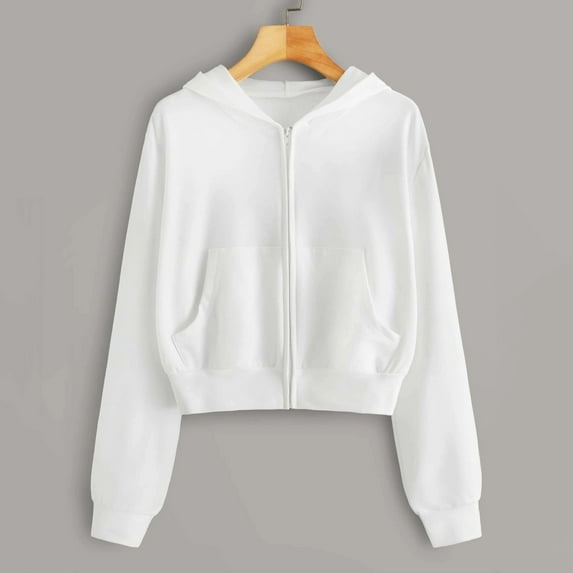 Casual Full Zip Up Cropped Hoodies for Women Comfy Drawstring Long Sleeve Sweatshirts with Pockets Workout Solid Color Jackets Lightweight Fall