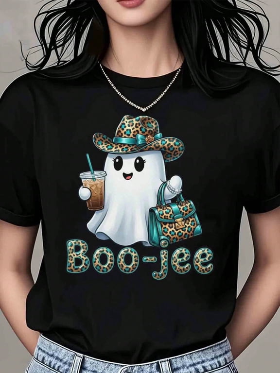 Casual Funny, Women's T-Shirt, Cute Leopard Ghost Boo-Jee Graphic, Halloween Party Casual Wear, T-Shirt For Women