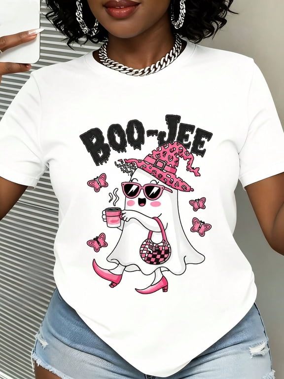 Casual Funny, Women's T-Shirt, Cute Leopard Ghost Boo-Jee Graphic, Halloween Party Casual Wear, T-Shirt For Women