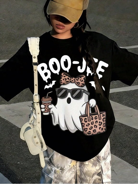 Casual Funny, Women's T-Shirt, Cute Leopard Ghost Boo-Jee Graphic, Halloween Party Casual Wear, T-Shirt For Women