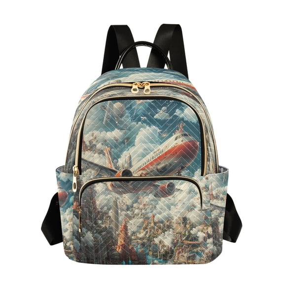 Casual Futuristic Cityscape with Airplane Backpack for School,College and Travel, Water Resistant Bookbag,