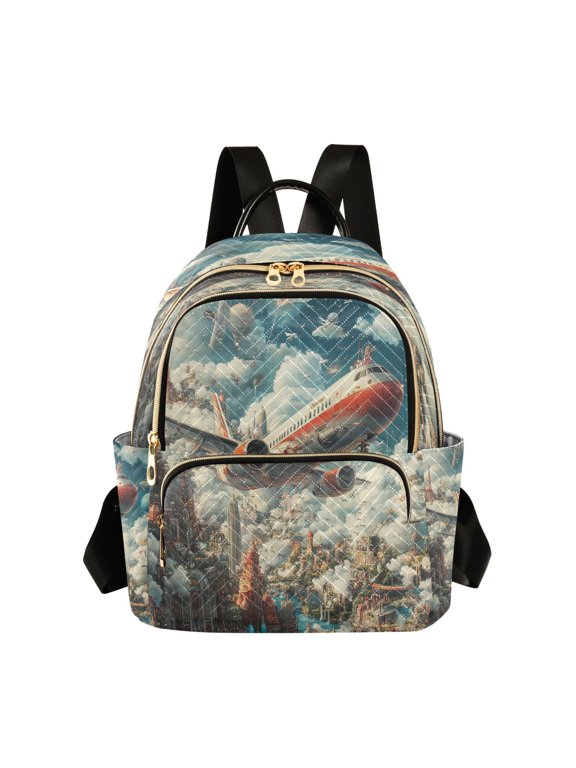 Casual Futuristic Cityscape with Airplane Backpack for School,College and Travel, Water Resistant Bookbag,