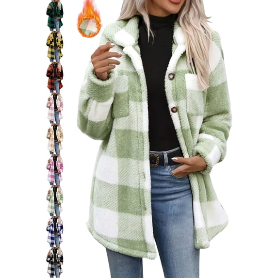 Casual Fuzzy Plaid Jackets for Women Lapel Collared Button Front Long Sleeve Oversized Loose Fit Outerwear