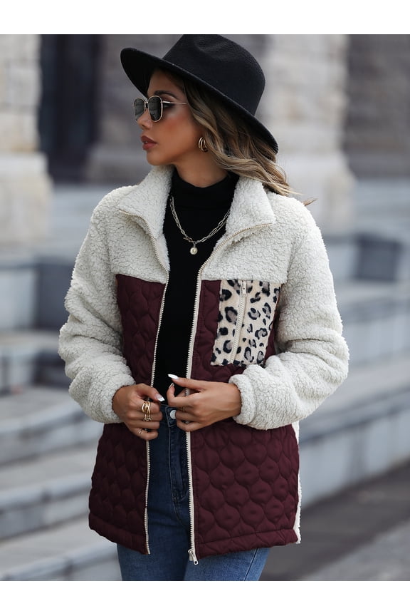 Casual Fuzzy Zipper Jacket Leopard Pocket (XL, Brown)