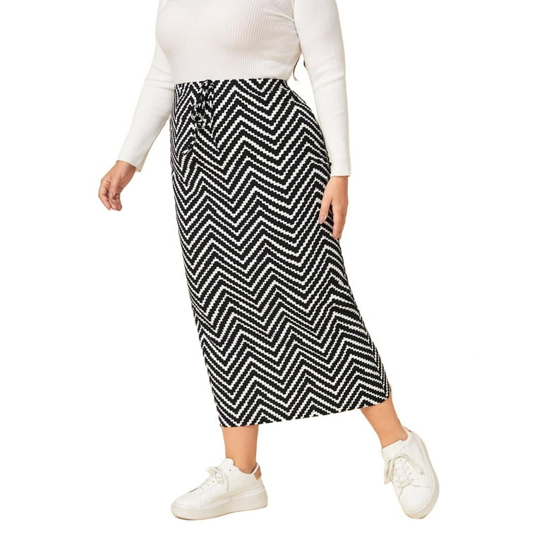 Casual Geo Print Pencil Skirt Black and White Plus Size Skirts