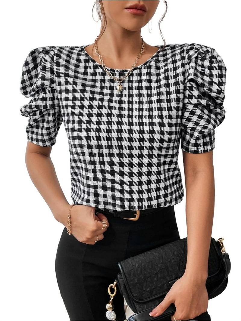 Casual Gingham Print Round Neck Top Short Sleeve Black and