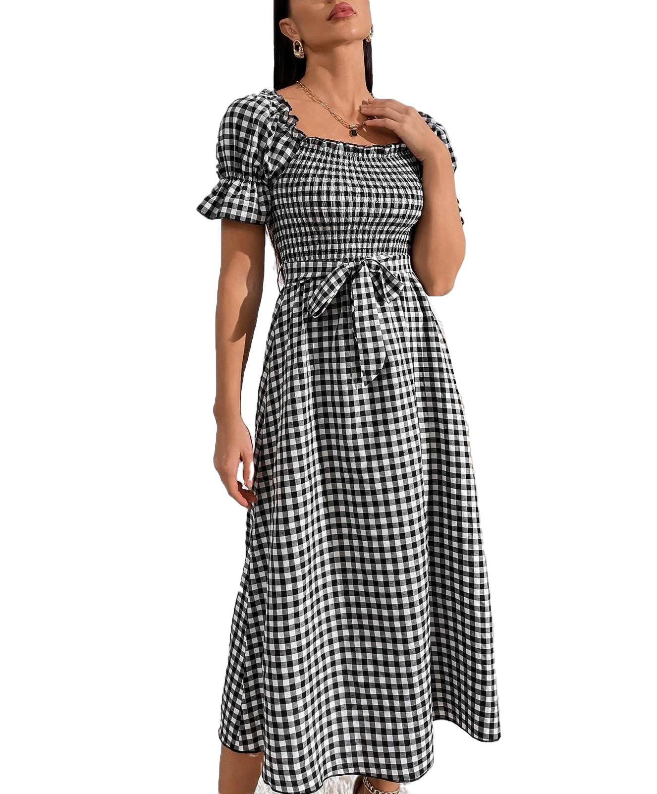 Casual Gingham Square Neck A Line Dress Short Sleeve Black and White ...