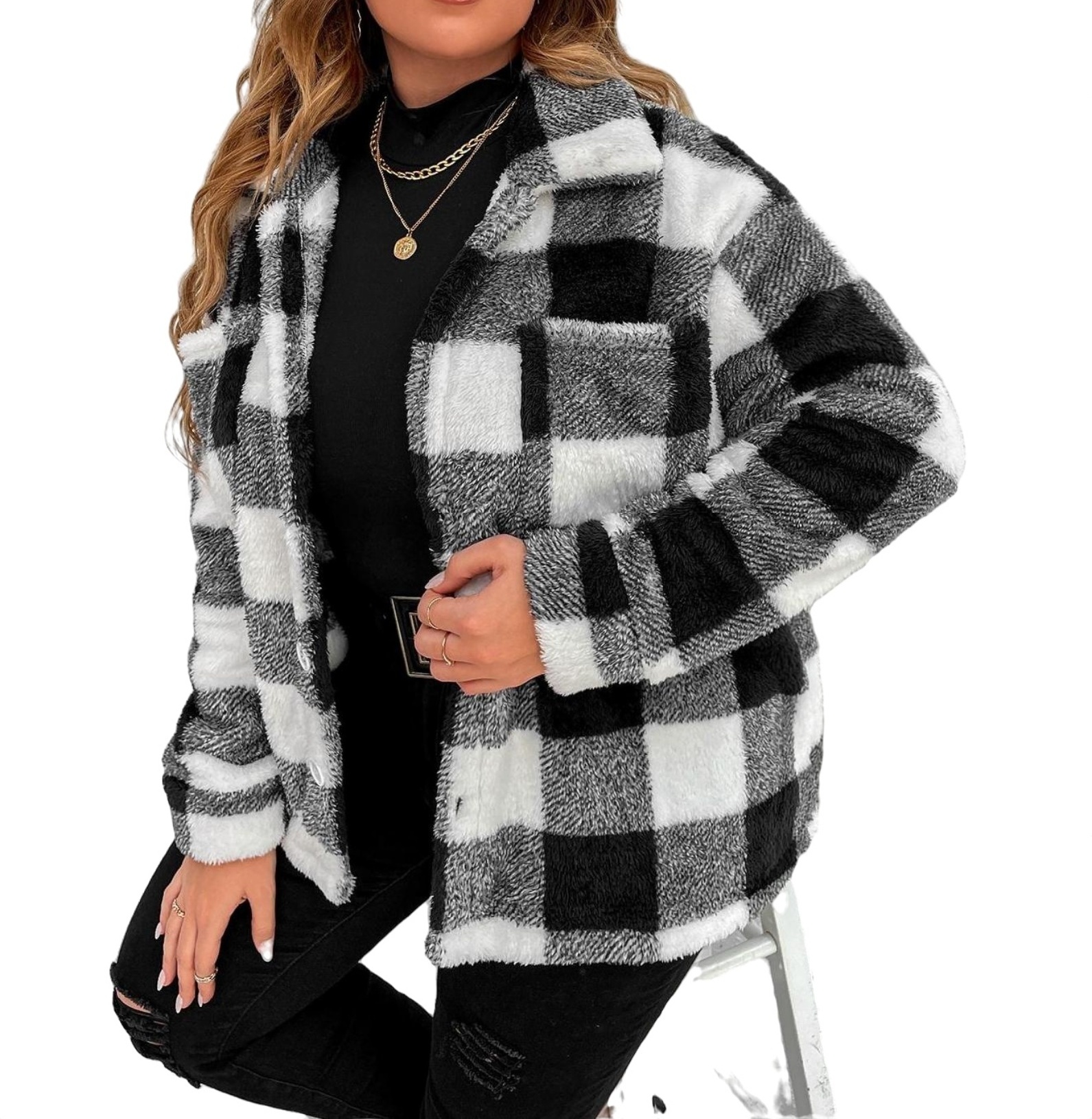 Casual Gingham Teddy Coat Black and White Plus Size Coats (Women's ...