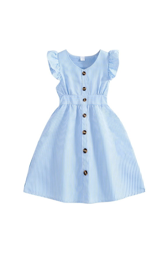 Casual Girls Summer Dresses Elegant New Flying Sleeve Striped Shirt Cute Dresses For Girls Sky Blue Size 7-8 Years