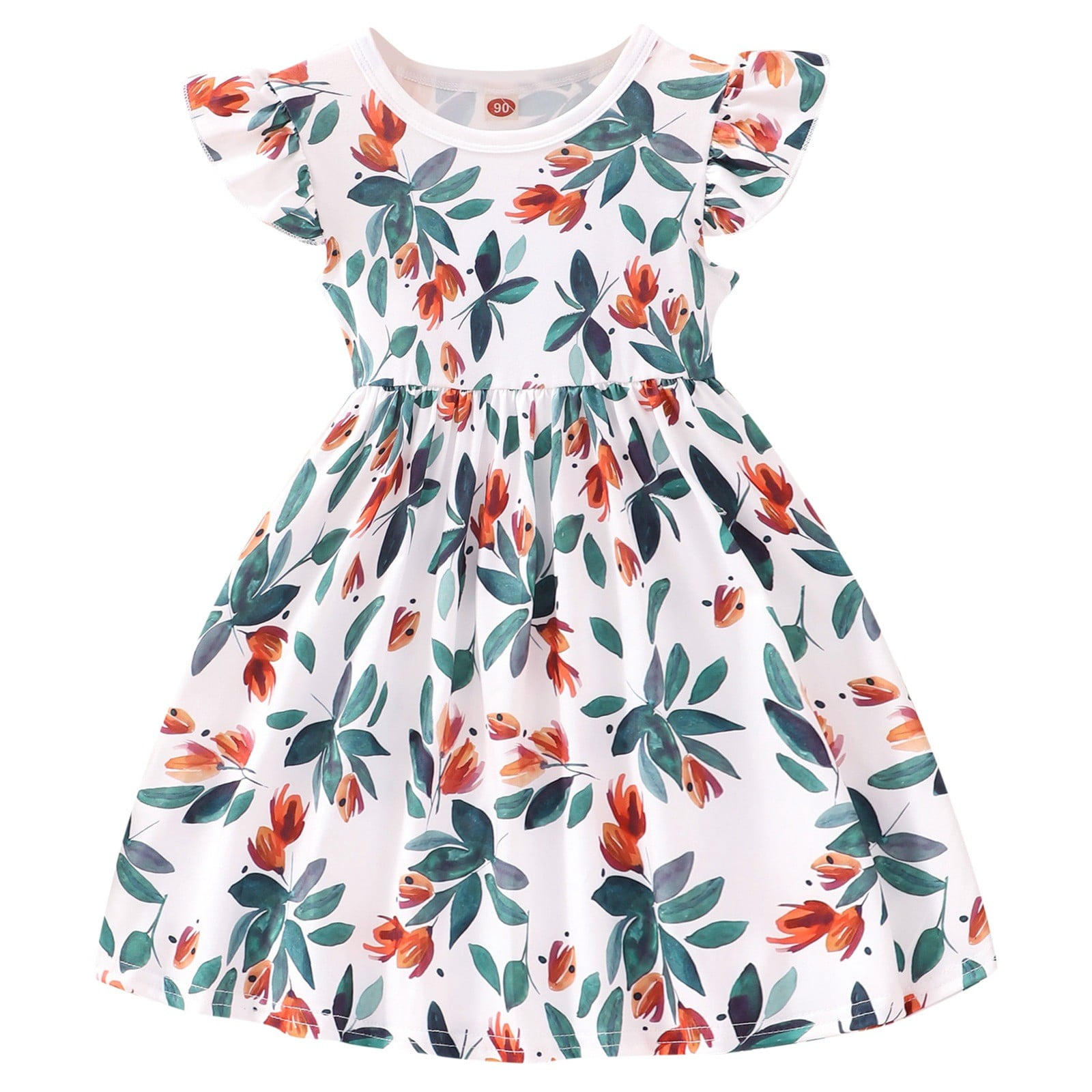 Casual Girls Summer Dresses Spring Round Neck Flared Sleeve Cartoon