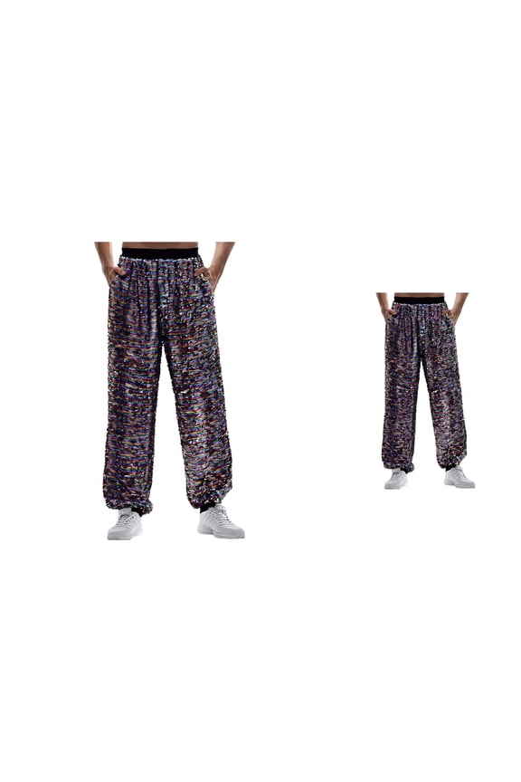 Casual Glitter Sequin Jogger Pants, Elastic Ankle Trousers for Festival Party Night Out, Comfortable Fashion Streetwear, Sparkly High Waisted Disco Dance Clothes