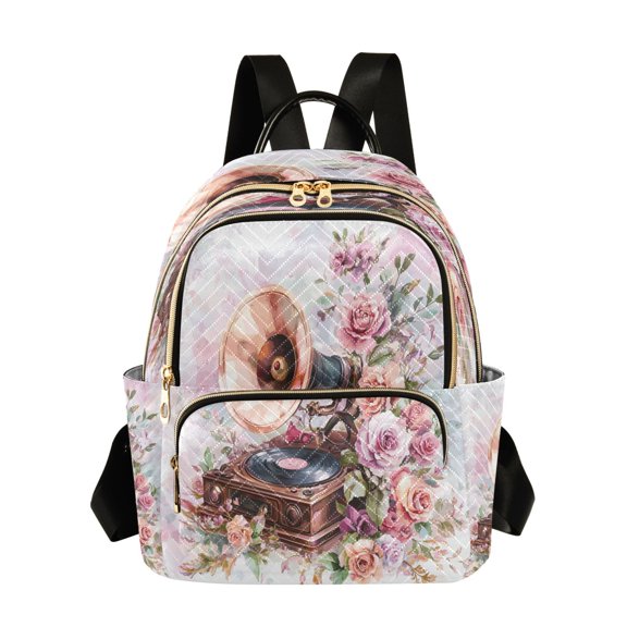 Casual Gramophone with Floral Design Backpack for School,College and Travel, Water Resistant Bookbag,
