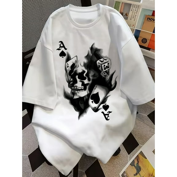 Casual Graphic Tee Black White Crew Neck Short Sleeve Top with Playing Cards & Dice Design Cotton T-Shirts Machine Washable
