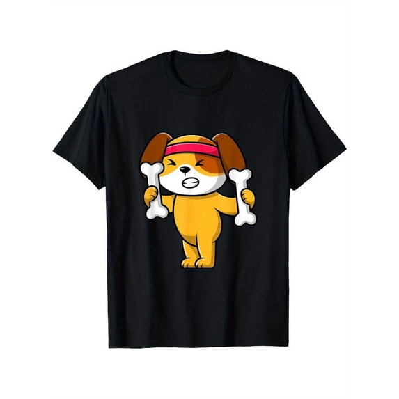 Casual Graphic Tee,Tops Has A Little Dog Is Holding Two Bones Pattern,Round Neck Regular Fit T-shirts, Size(S-5XL)