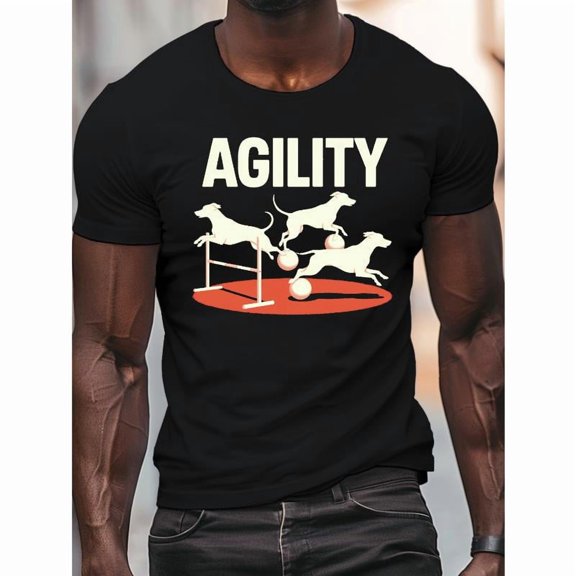 Casual Graphic Tee,Tops Has"Agility"Text With Dogs Pattern,Round Neck Regular Fit T-shirts, Size(S-5XL)