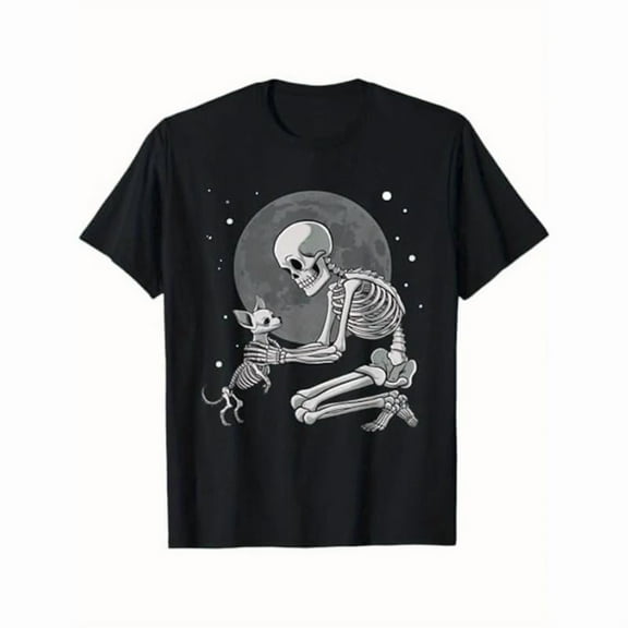 Casual Graphic Tee,Tops Has Black Chihuahua Skeleton Dog & Cat Print,Round Neck Regular Fit T-shirts, Size(S-5XL)