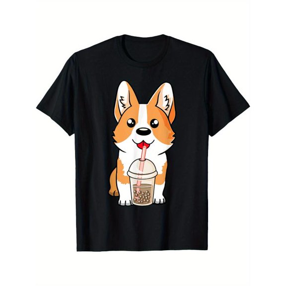 Casual Graphic Tee,Tops Has Boba Milk Tea Corgi Print,Round Neck Regular Fit T-shirts, Size(S-5XL)
