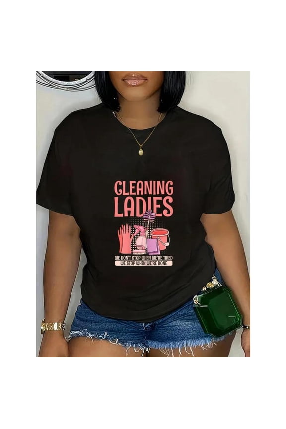 Casual Graphic Tee,Tops Has"Cleaning Lady"Text with Cleaning Tools Design,Round Neck Regular Fit T-shirts, Size(S-5XL)