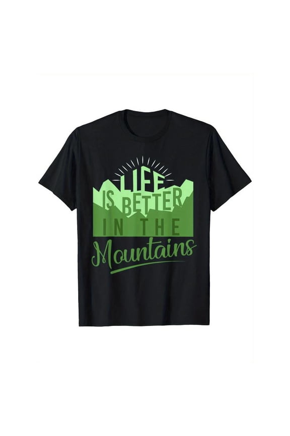 Casual Graphic Tee,Tops Has"Life Is Better In The Mountains"Letter With Green mountains Pattern,Round Neck Regular Fit T-shirts, Size(S-5XL)