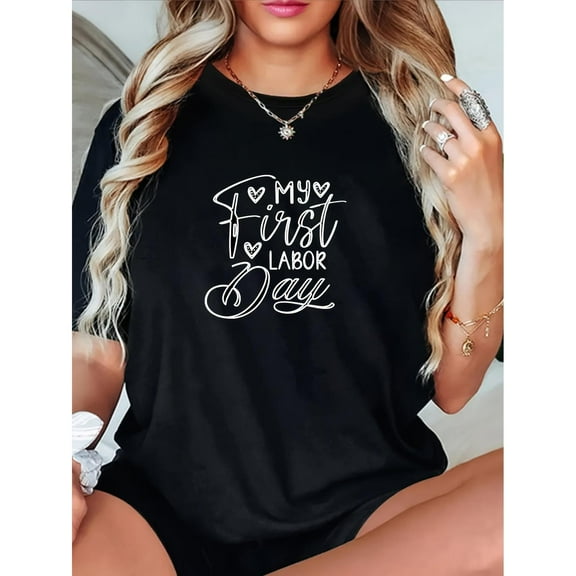 Casual Graphic Tee,Tops Has"My First Labor Day"Letter With White Text And a Heart Motif,Round Neck Regular Fit T-shirts, Size(S-5XL)
