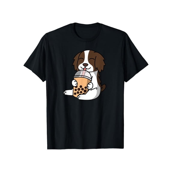 Casual Graphic Tee,Tops Has Springer Spaniel Dog Drinking Milk Tea Pattern,Round Neck Regular Fit T-shirts, Size(S-5XL)