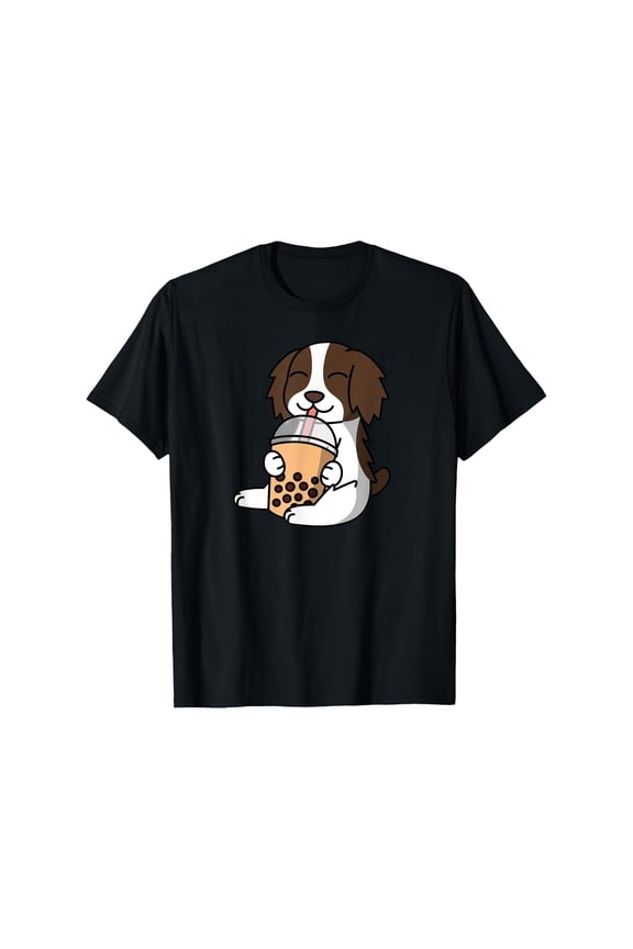 Casual Graphic Tee,Tops Has Springer Spaniel Dog Drinking Milk Tea Pattern,Round Neck Regular Fit T-shirts, Size(S-5XL)