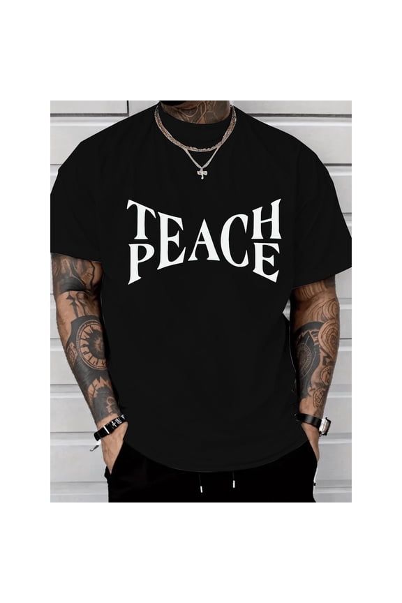 Casual Graphic Tee,Tops Has"TEACH PEACE"Print Pattern,Round Neck Regular Fit T-shirts, Size(S-5XL)