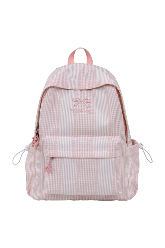 Casual Grid Backpack 15.75" Nylon Embroidery Y2K for Travel Dating (Pink)