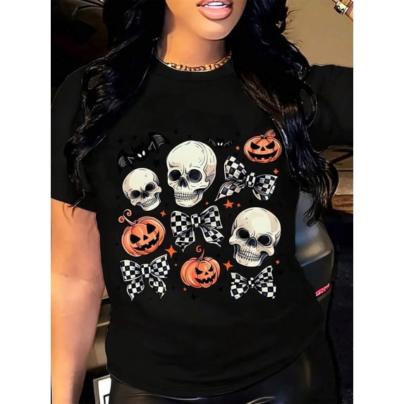 Casual Halloween Graphic Tee Skull Pumpkin Checkered Bow Print Autumn Winter Streetwear Top Gift For Women Friends