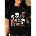 thumbnail image 1 of Casual Halloween Graphic Tee Skull Pumpkin Checkered Bow Print Autumn Winter Streetwear Top Gift For Women Friends, 1 of 5