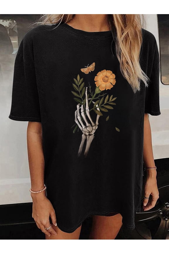 Casual Halloween Short Sleeve Loose Drop Shoulder Vintage Skulls Print Crew Neck Fashion T-shirt Women's Clothing