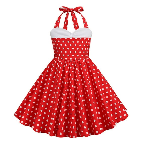 Casual Halter Dress Girls 3-7t Retro 90s Point Ruffle Swing Midi Dress Cute Back to School Fashion Clothes, Red, 4 Years