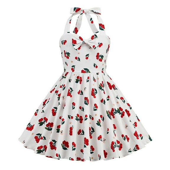 Casual Halter Dress Girls 3-7t Retro Cherry Ruffle Swing Midi Dress Cute Back to School Pretty Clothes, White, 6 Years
