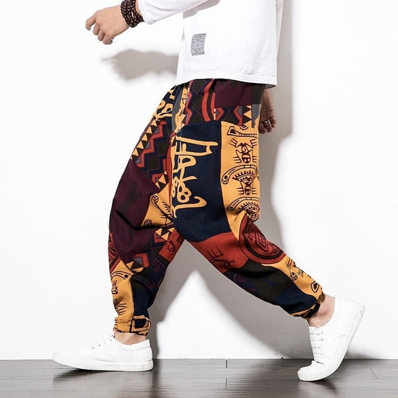 Casual Harem Print Pants  Loose Cotton Linen Drawstring Pants National Style Wide Leg Pants For Men