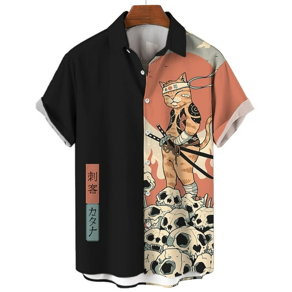 Casual Hawaiian Shirt Man Japanese Bushido 3d Pattern Shirt Men's Shirts Cartoon Animal Cat 3d Printing Men's Shirt Men Clothing