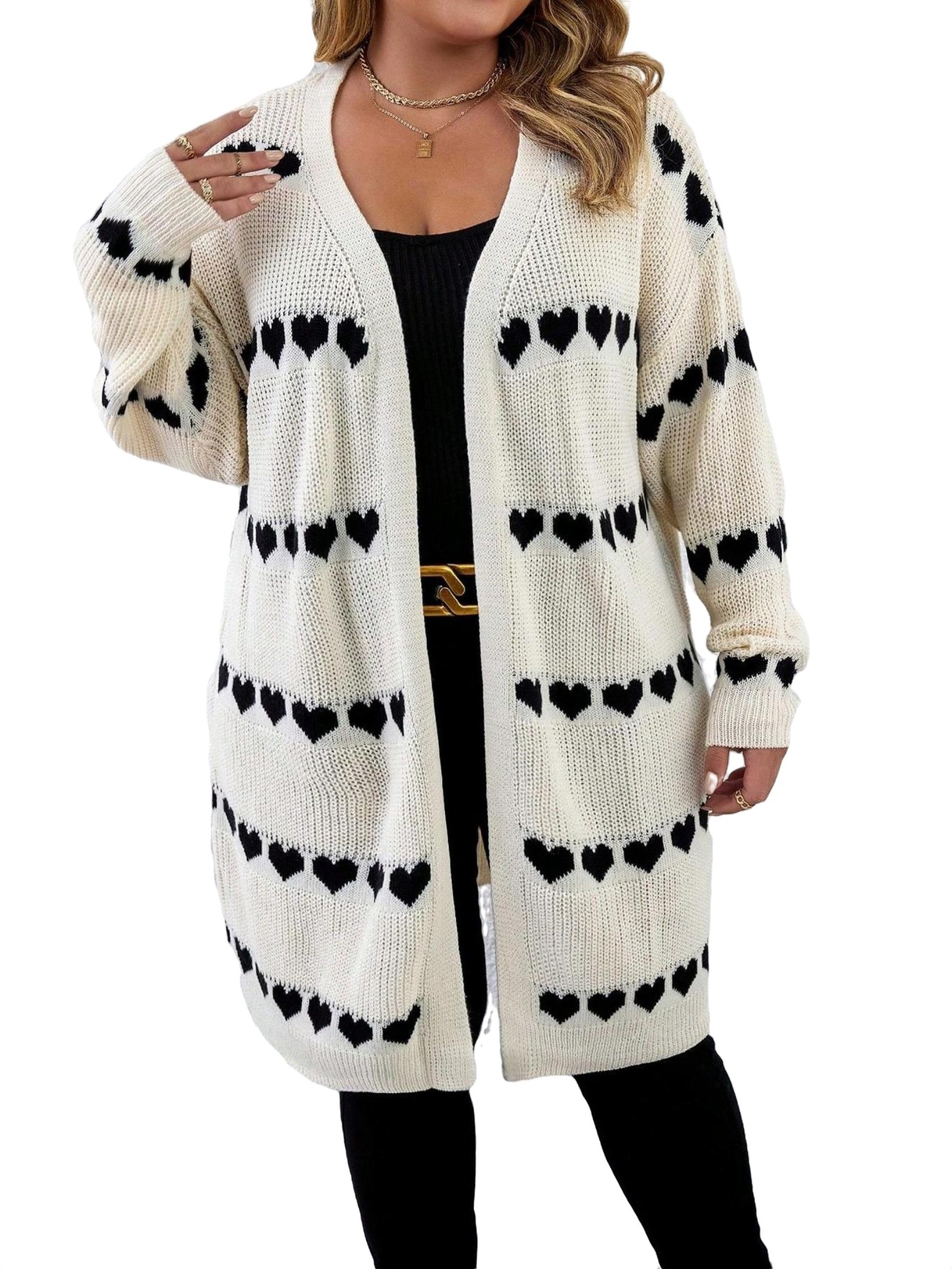 Casual Heart Long Sleeve White Plus Size Cardigans (Women's)
