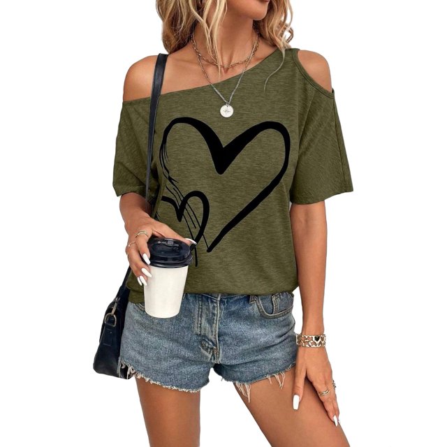Casual Heart Print Asymmetrical Neck Short Sleeve Army Green Women T