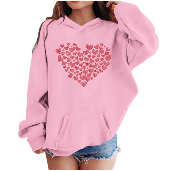Casual Heart Print Hoodies for Child Boys Girls Oversized Sweatshirt Long Sleeve Pullover Tops with Pocket Girls V Neck T Shirts 11-12Y