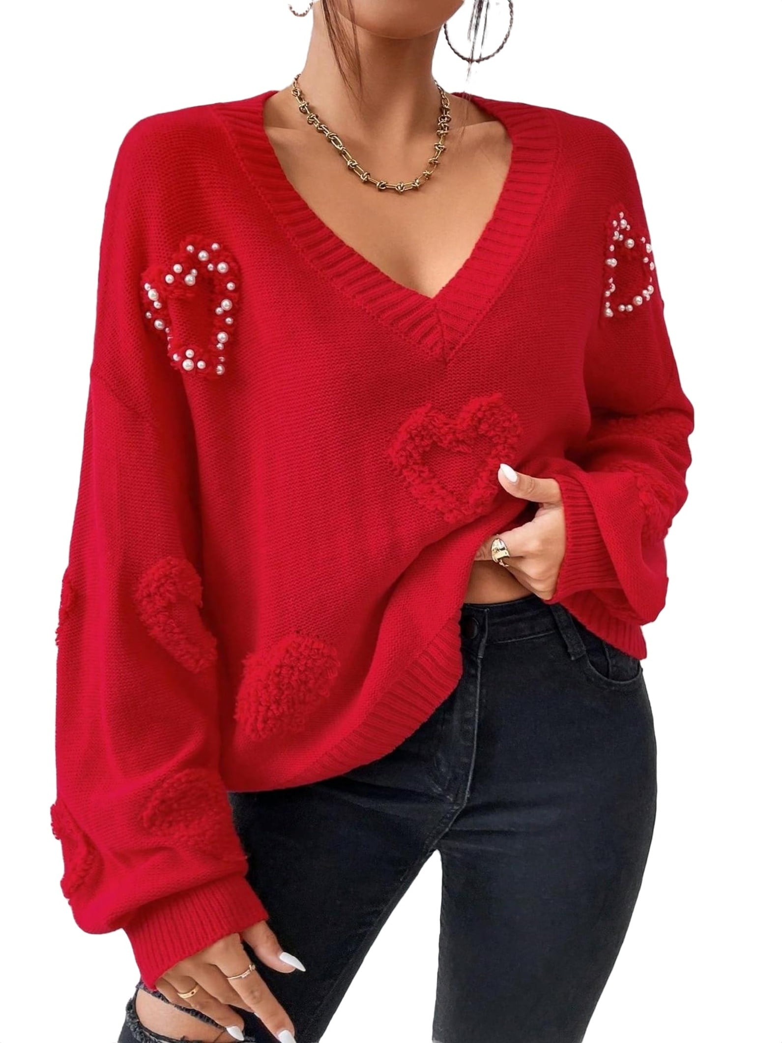 Casual Heart V neck Pullovers Long Sleeve Red Women Sweaters (Women's