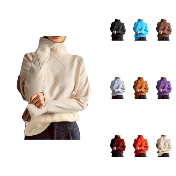 Casual High Neck Oversized Cable Knit Sweater – Women's Solid Color Long Sleeve Pullover for Fall Winter, Cozy Warm Daily Wear & Trendy Work Casual Top