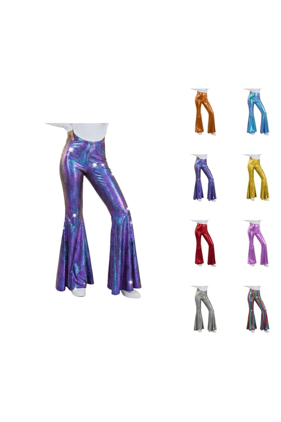 Casual High Waist Flare Pants Stretchy Thin Gold Print Bootcut Trousers with Sparkly Glitter Metallic Finish, Ruffle Hem, Bell Bottom Leggings for Party Disco Clubwear