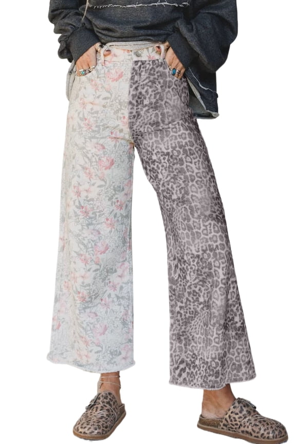 Casual High Waist Patchwork Denim for Women – Floral and Leopard Print Raw Hem Jeans, 14